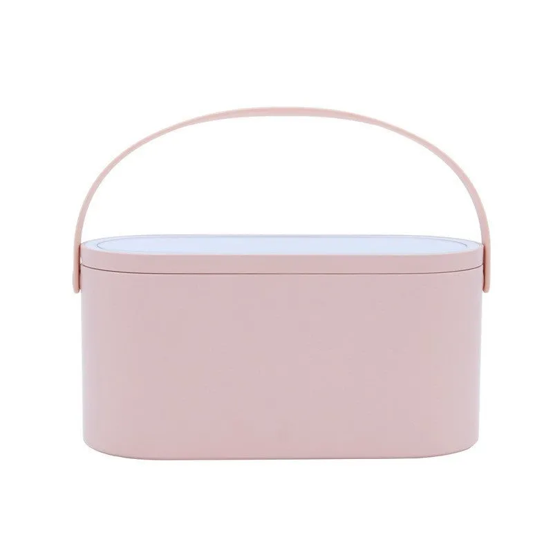 Portable pink plastic storage box with a built-in rectangular aluminium makeup mirror.