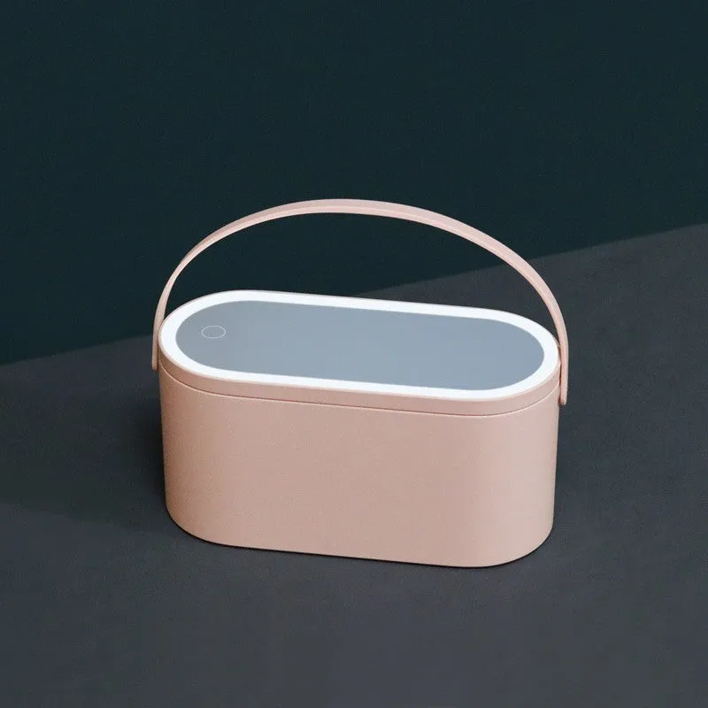 Portable pink plastic storage box with a built-in rectangular aluminium makeup mirror.