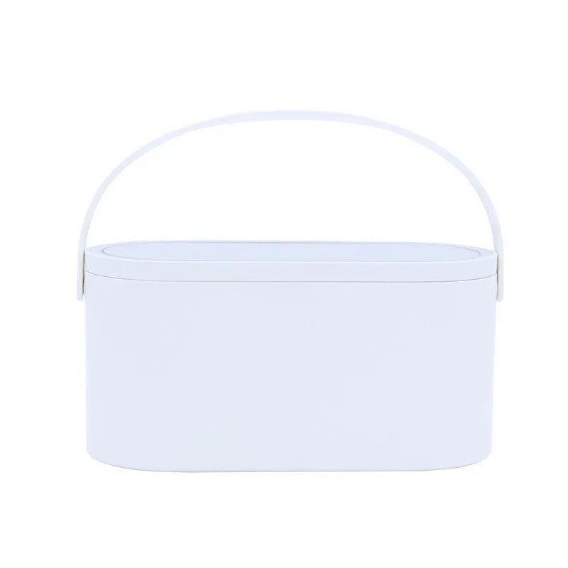 Portable pink plastic storage box with a built-in rectangular aluminium makeup mirror.