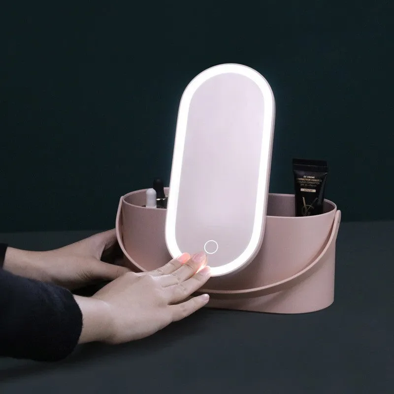 Portable pink plastic storage box with a built-in rectangular aluminium makeup mirror.