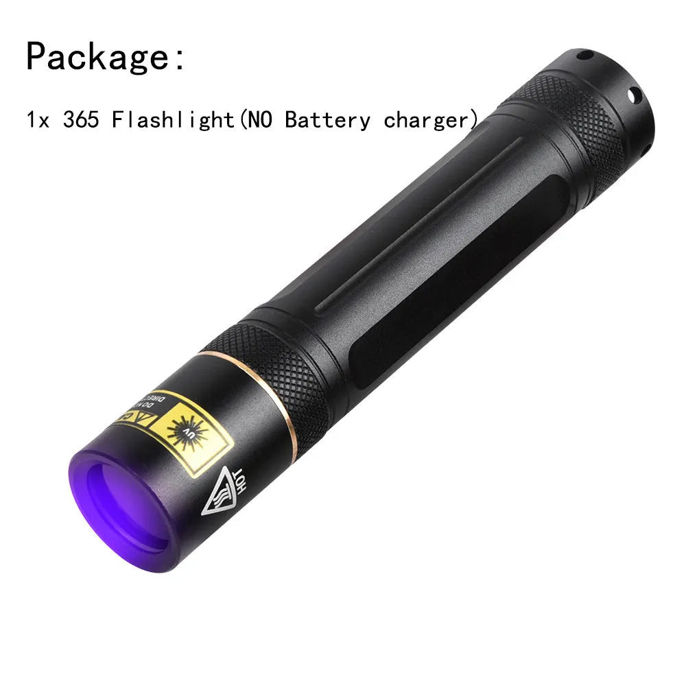 Black aluminium alloy handheld UV flashlight emitting 365nm ultraviolet light for detection tasks.