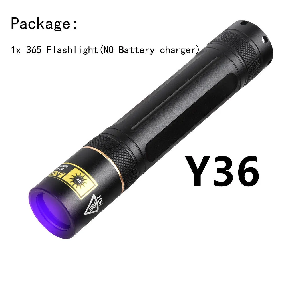 Black aluminium alloy handheld UV flashlight emitting 365nm ultraviolet light for detection tasks.