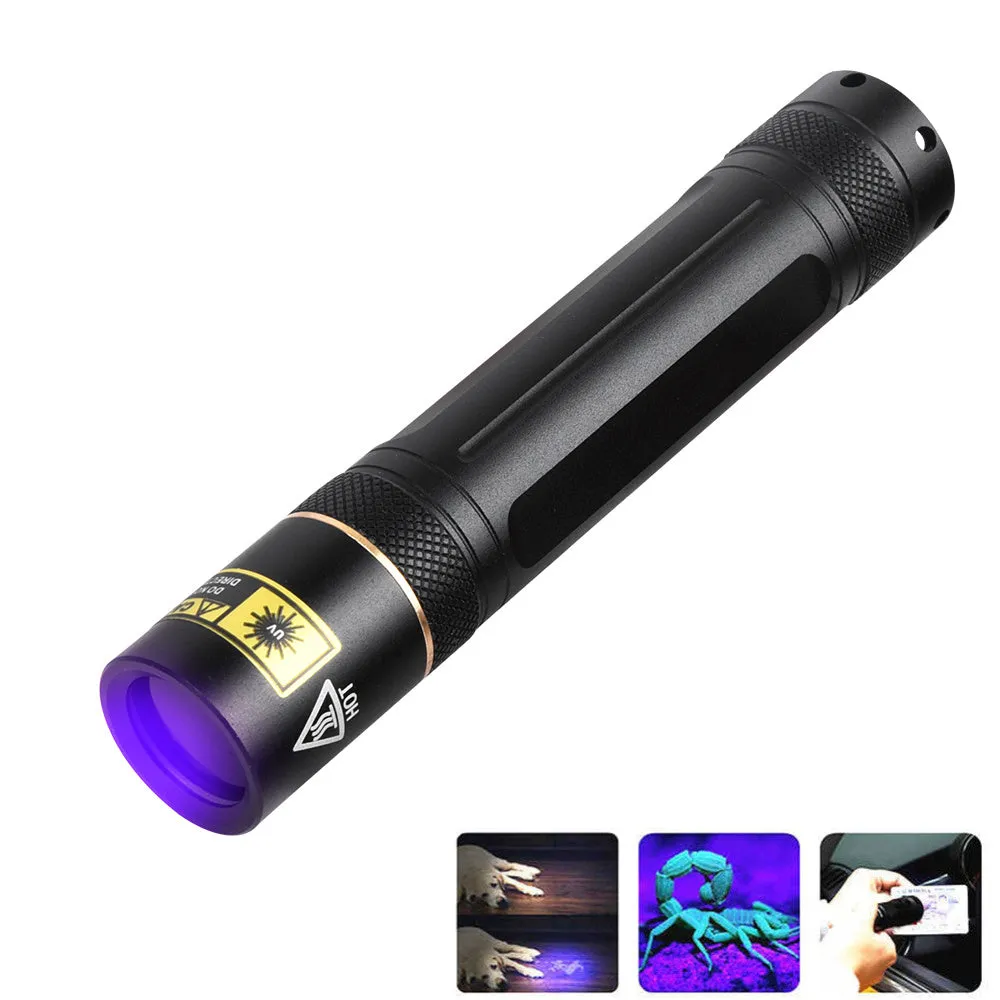 Black aluminium alloy handheld UV flashlight emitting 365nm ultraviolet light for detection tasks.