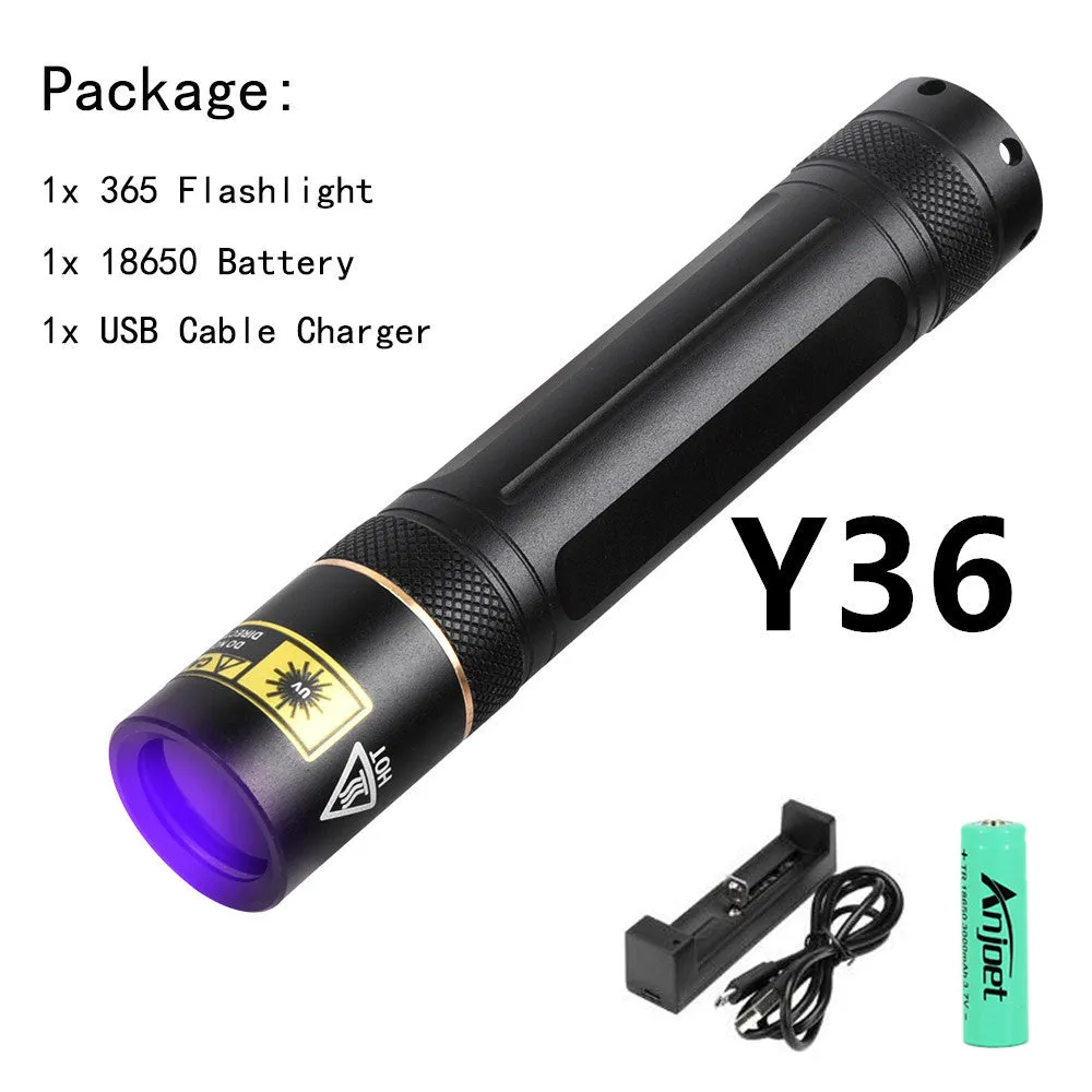 Black aluminium alloy handheld UV flashlight emitting 365nm ultraviolet light for detection tasks.