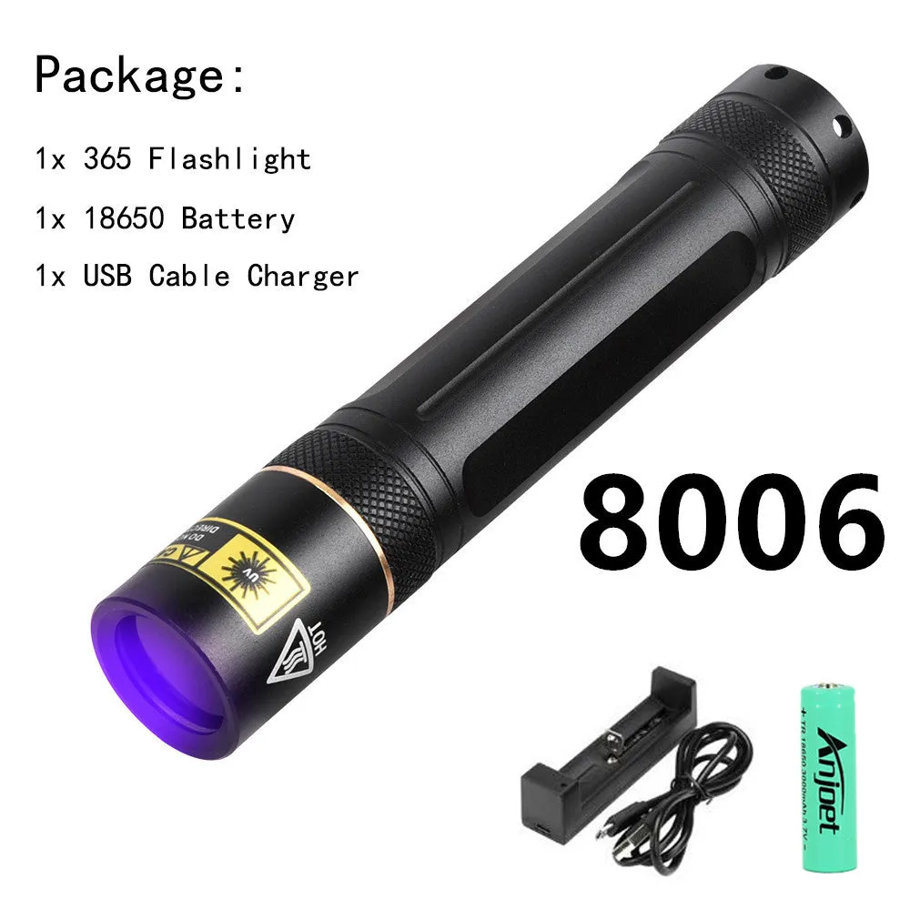 Black aluminium alloy handheld UV flashlight emitting 365nm ultraviolet light for detection tasks.