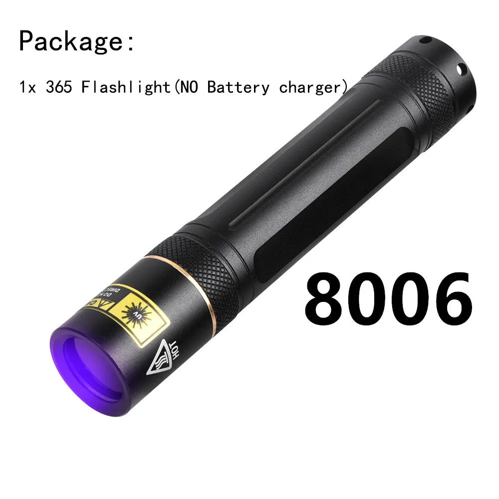 Black aluminium alloy handheld UV flashlight emitting 365nm ultraviolet light for detection tasks.