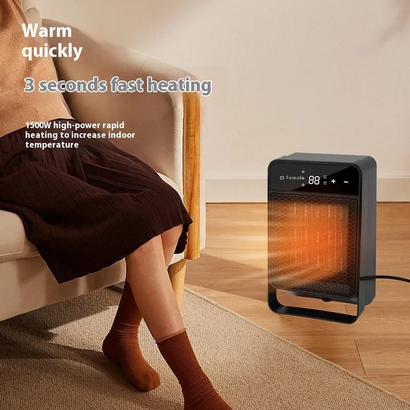 Black desktop electric heater with digital touch screen display and remote control on a wooden desk.