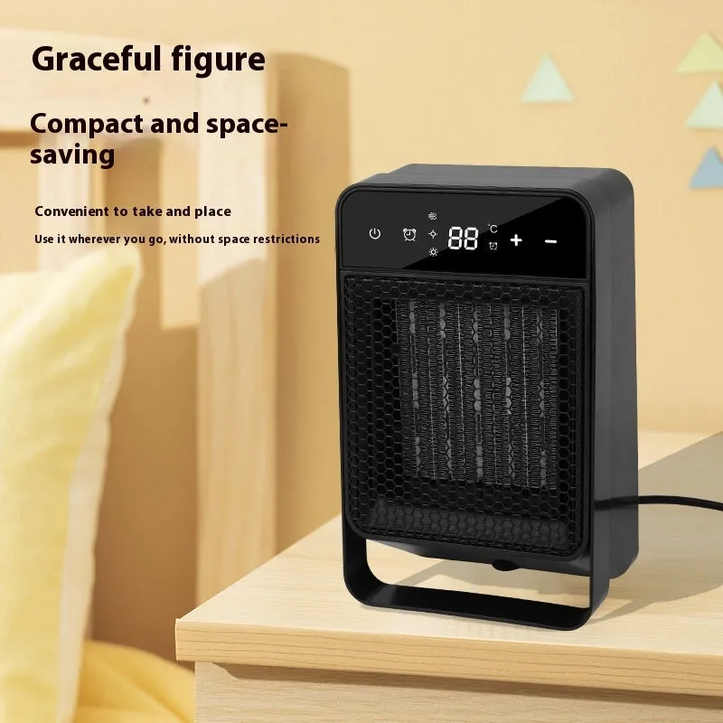 Black desktop electric heater with digital touch screen display and remote control on a wooden desk.