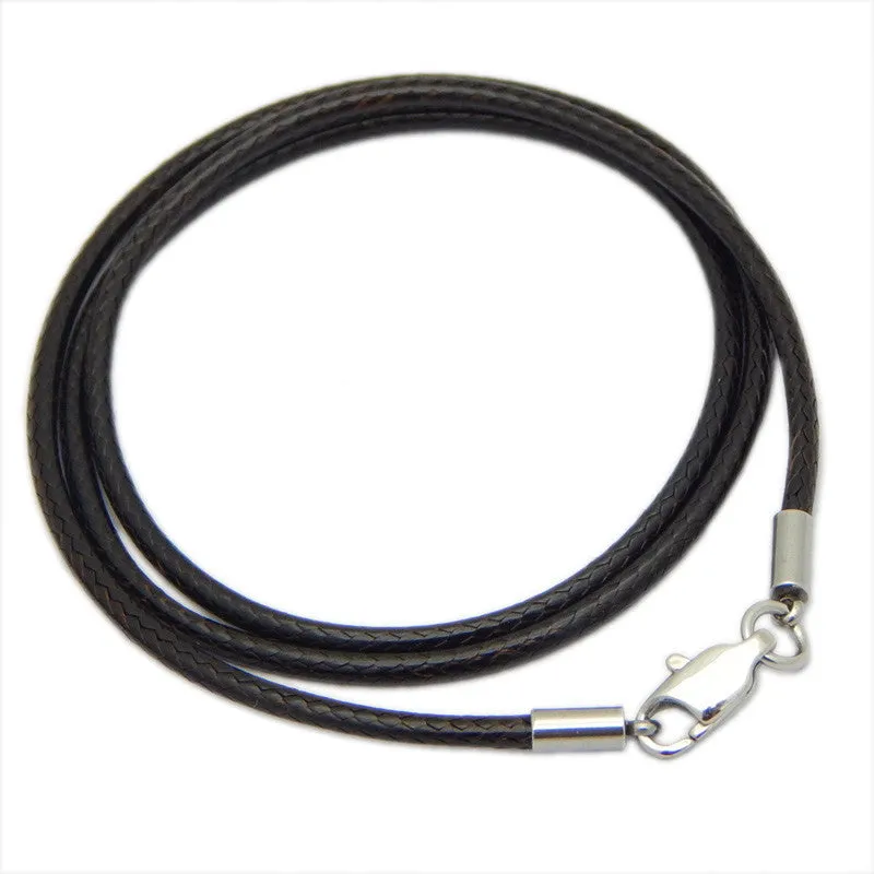 Adjustable black wax rope lanyard with a round stainless steel buckle, shown at various lengths.