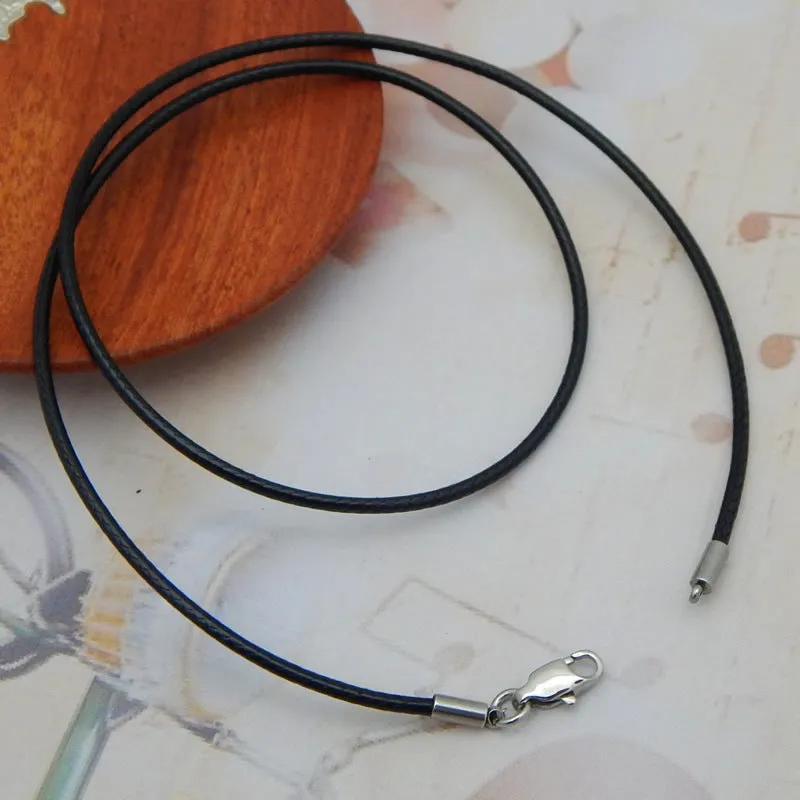 Adjustable black wax rope lanyard with a round stainless steel buckle, shown at various lengths.