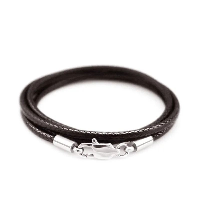 Adjustable black wax rope lanyard with a round stainless steel buckle, shown at various lengths.