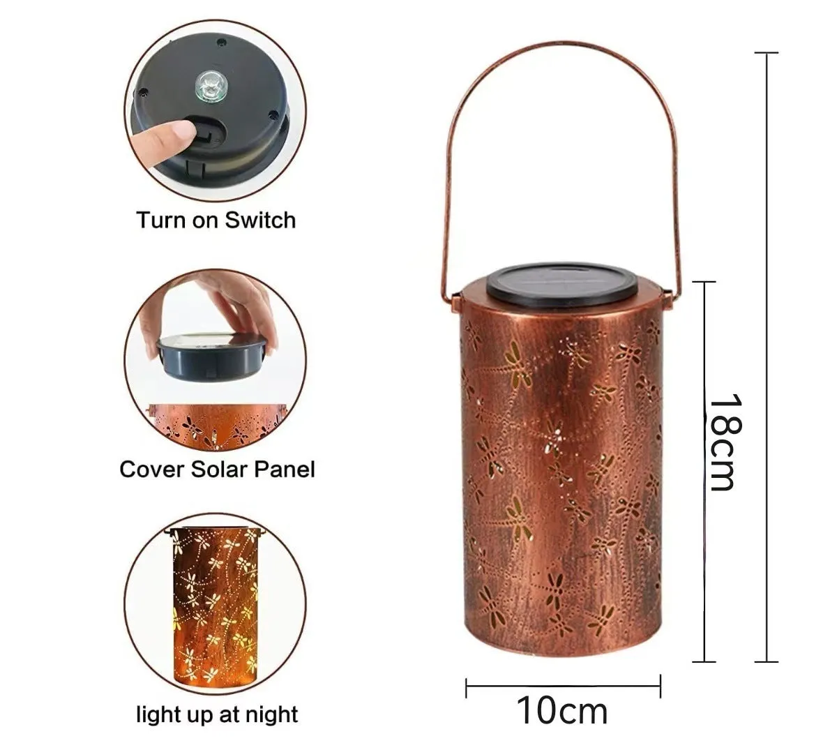 Solar-powered iron courtyard hanging lamp with decorative design for outdoor garden use.