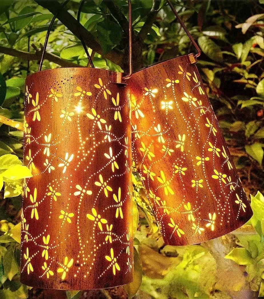 Solar-powered iron courtyard hanging lamp with decorative design for outdoor garden use.
