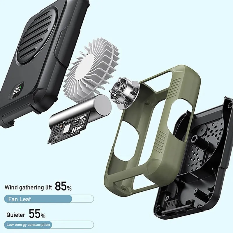 Green leafless waist hanging fan with USB charging port for outdoor sports cooling