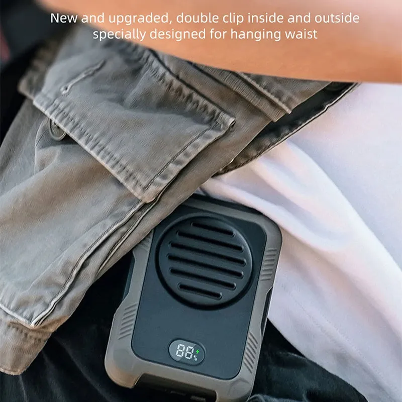Green leafless waist hanging fan with USB charging port for outdoor sports cooling