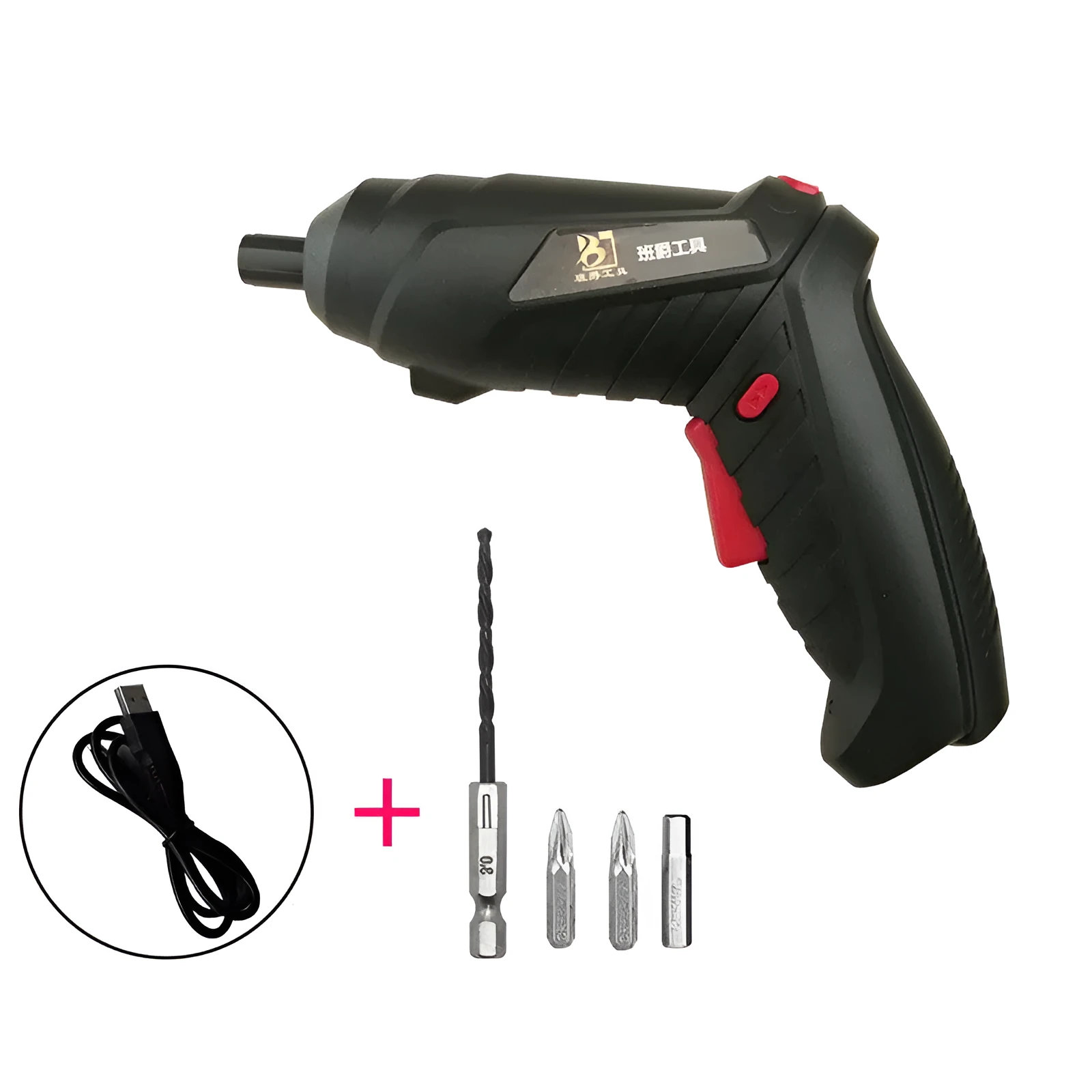 Rechargeable lithium battery mini screwdriver with pistol grip in multiple set configuration options.