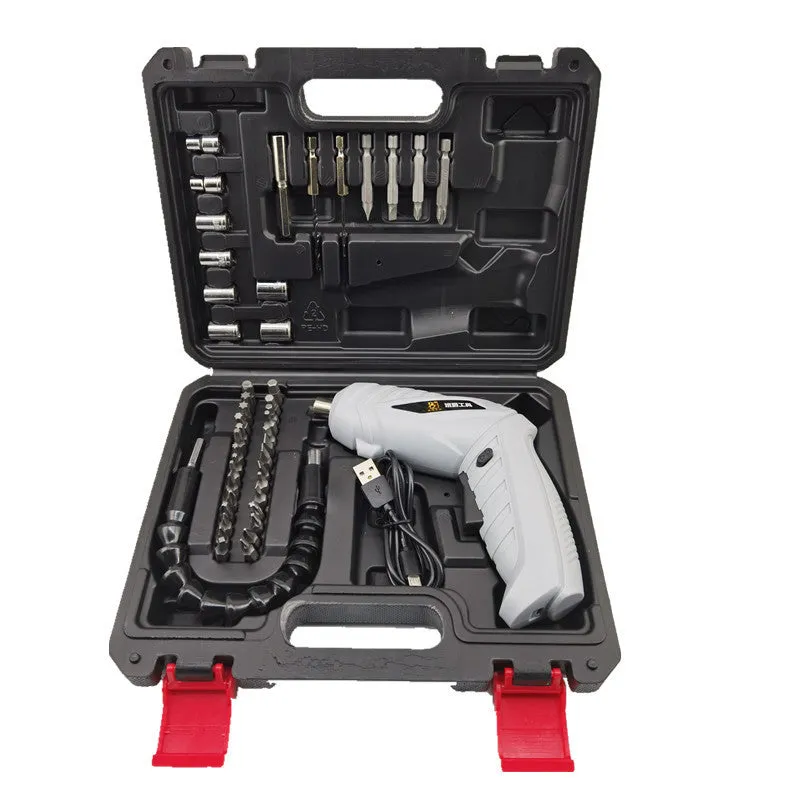 Rechargeable lithium battery mini screwdriver with pistol grip in multiple set configuration options.