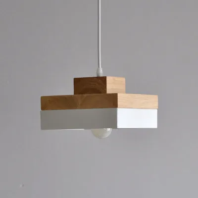 Japanese style solid wood chandelier with zinc alloy fittings, shown in round and square matte black and white finishes.