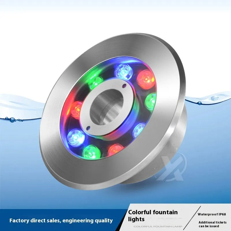 Aluminium alloy outdoor underwater lamp shown illuminated in a garden water feature.