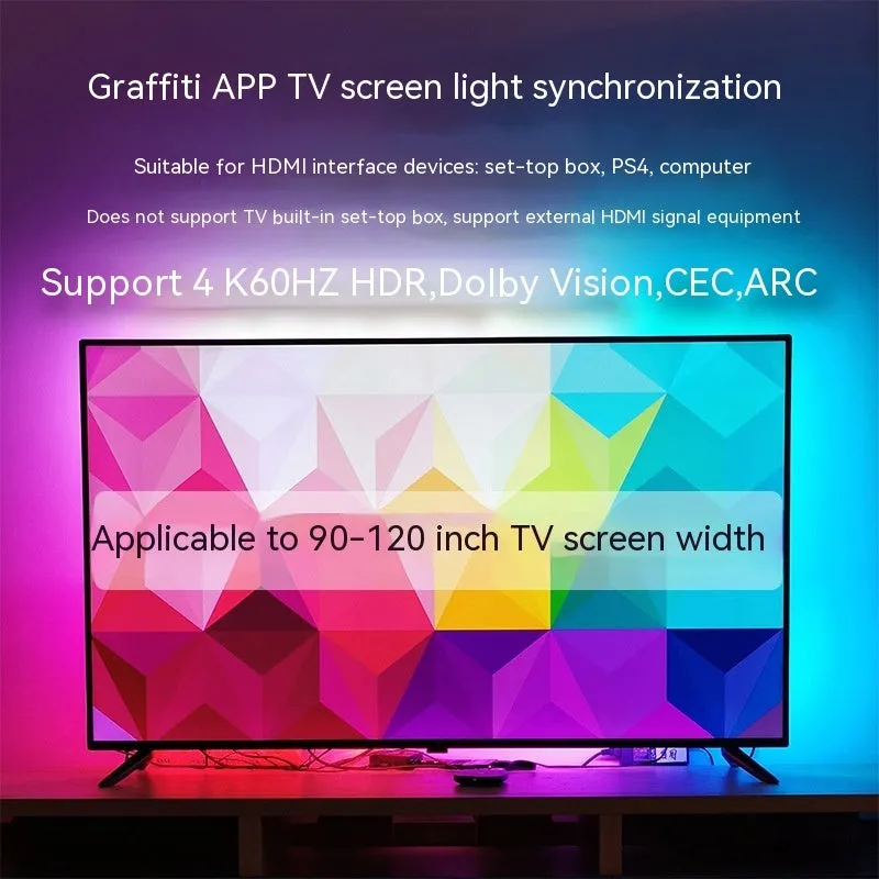 TV sync ambience light streamer with colourful LED backlighting behind television
