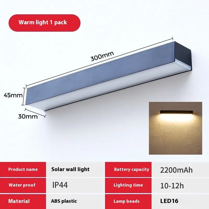 Black solar-powered outdoor wall lamp with integrated solar panel and LED light.