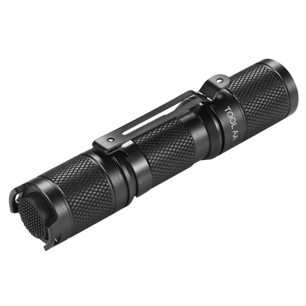 Black Lumintop Tool AA 2.0 compact keychain flashlight with magnetic tail cap on a keyring.