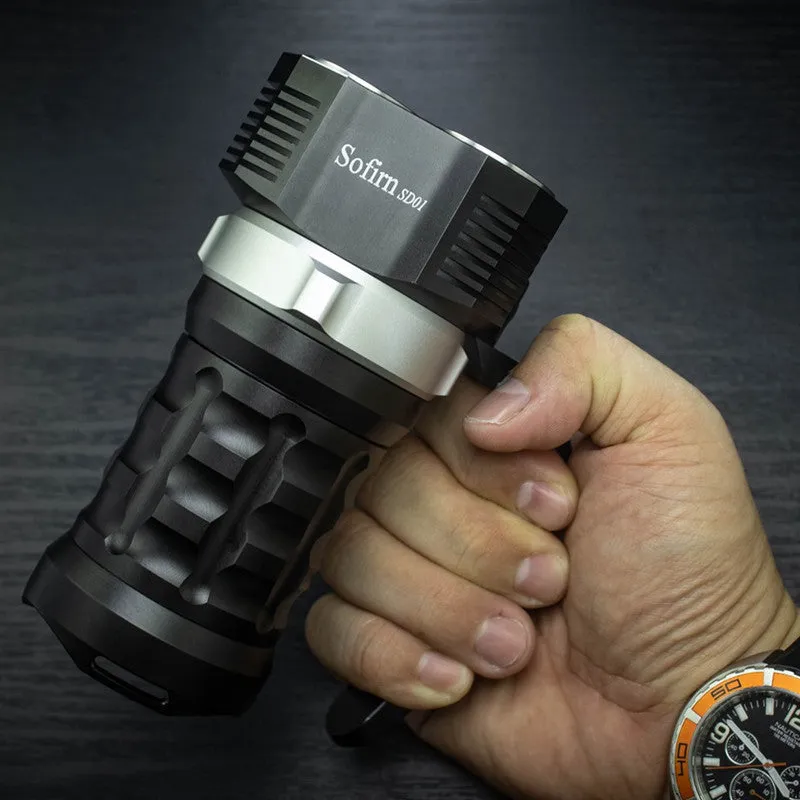 Aluminium alloy diving and outdoor flashlight with 350 lumen output, 18cm length.