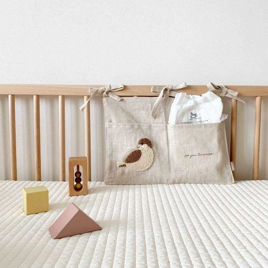 Khaki cotton linen hanging storage bag with one pocket for bedside organisation