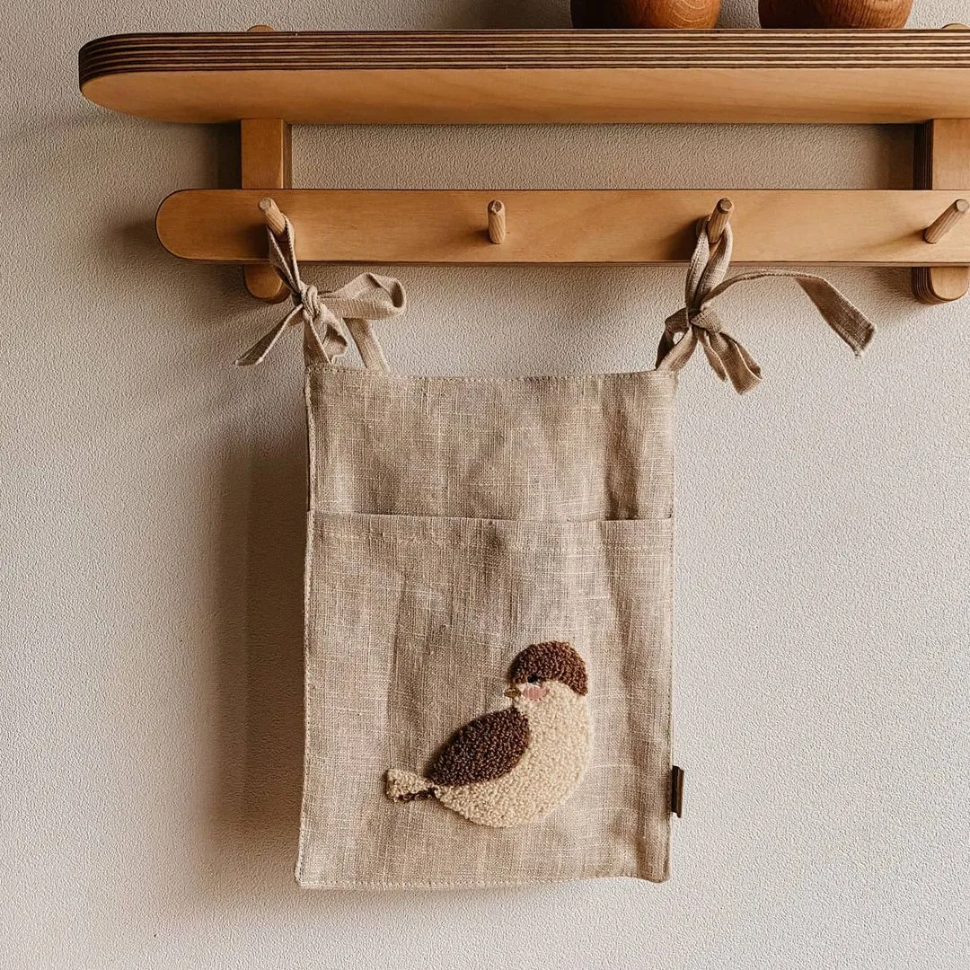 Khaki cotton linen hanging storage bag with one pocket for bedside organisation