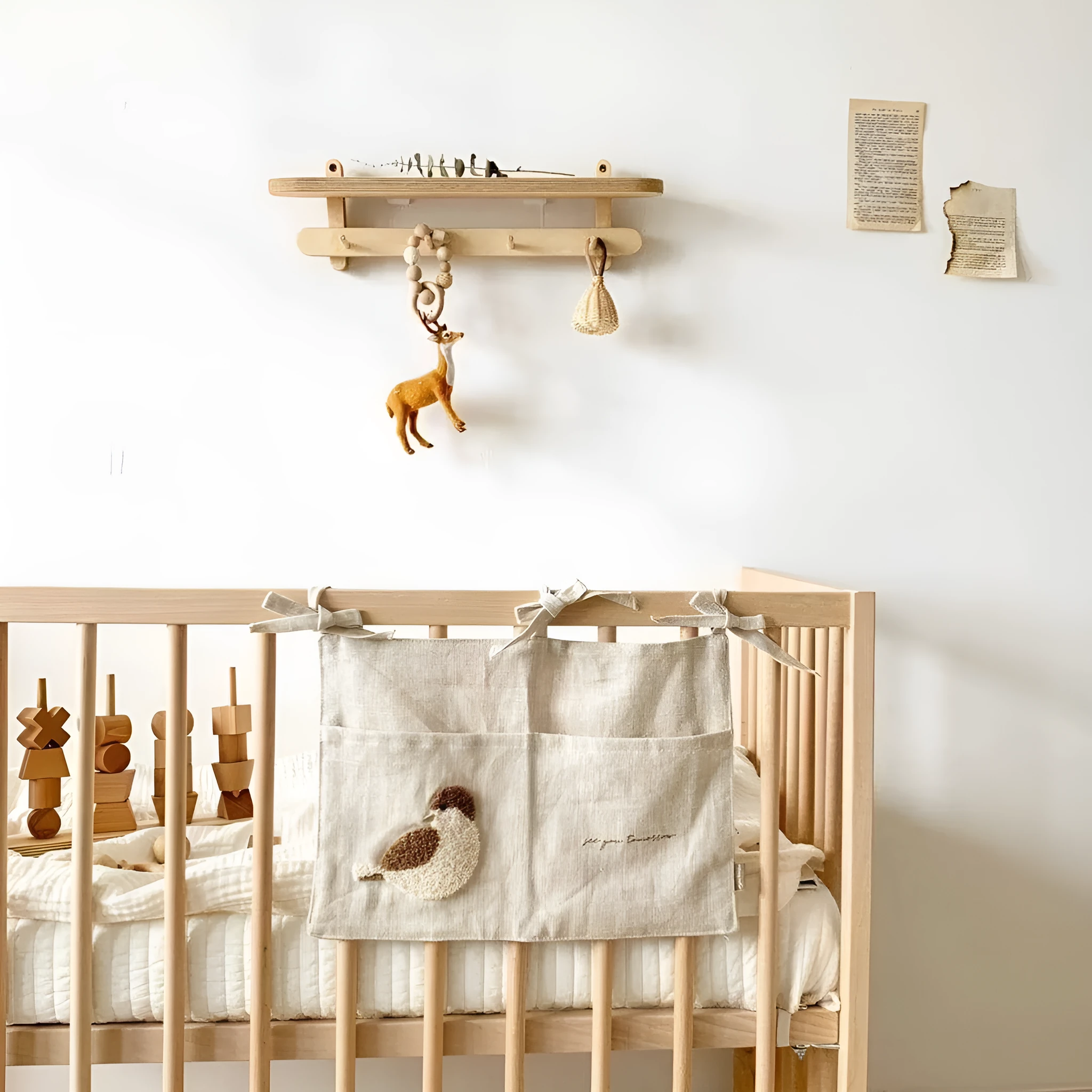 Khaki cotton linen hanging storage bag with one pocket for bedside organisation