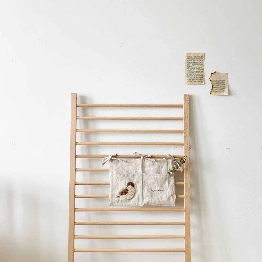Khaki cotton linen hanging storage bag with one pocket for bedside organisation