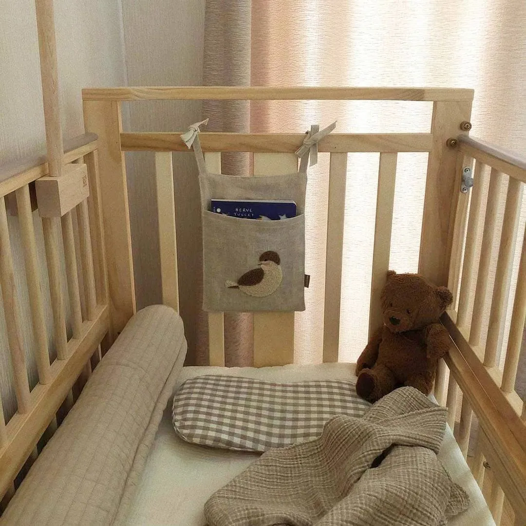 Khaki cotton linen hanging storage bag with one pocket for bedside organisation