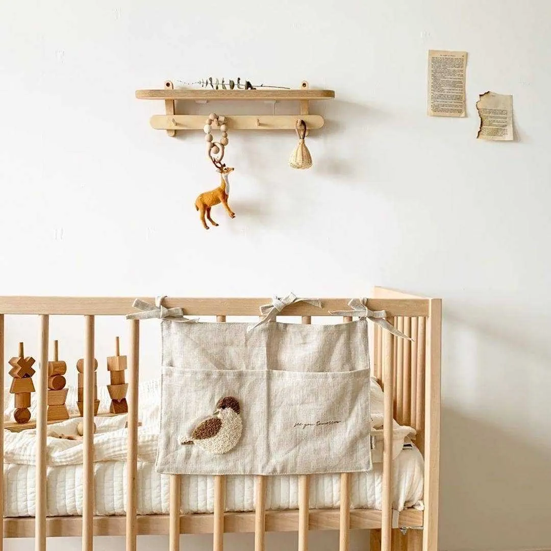 Khaki cotton linen hanging storage bag with one pocket for bedside organisation