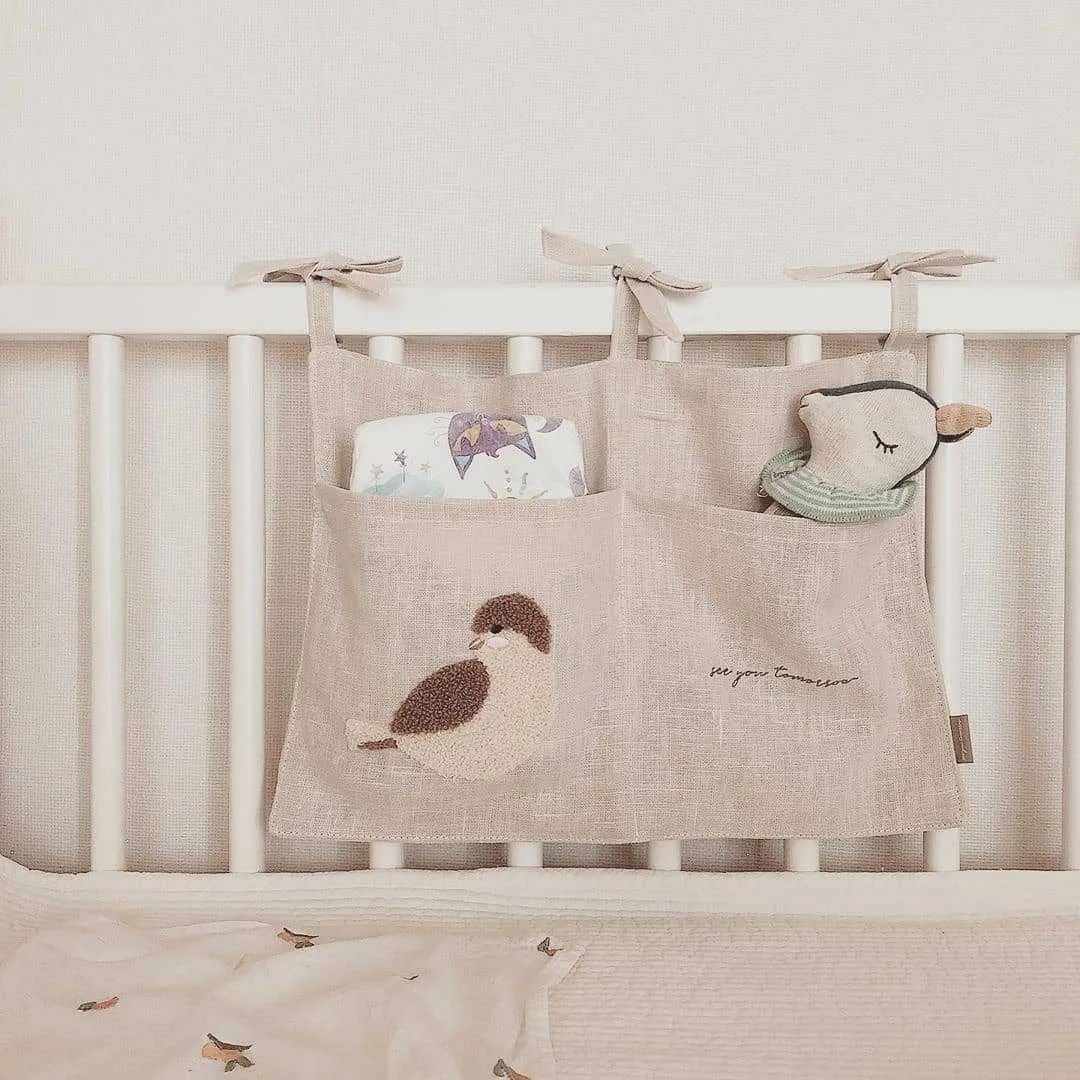 Khaki cotton linen hanging storage bag with one pocket for bedside organisation