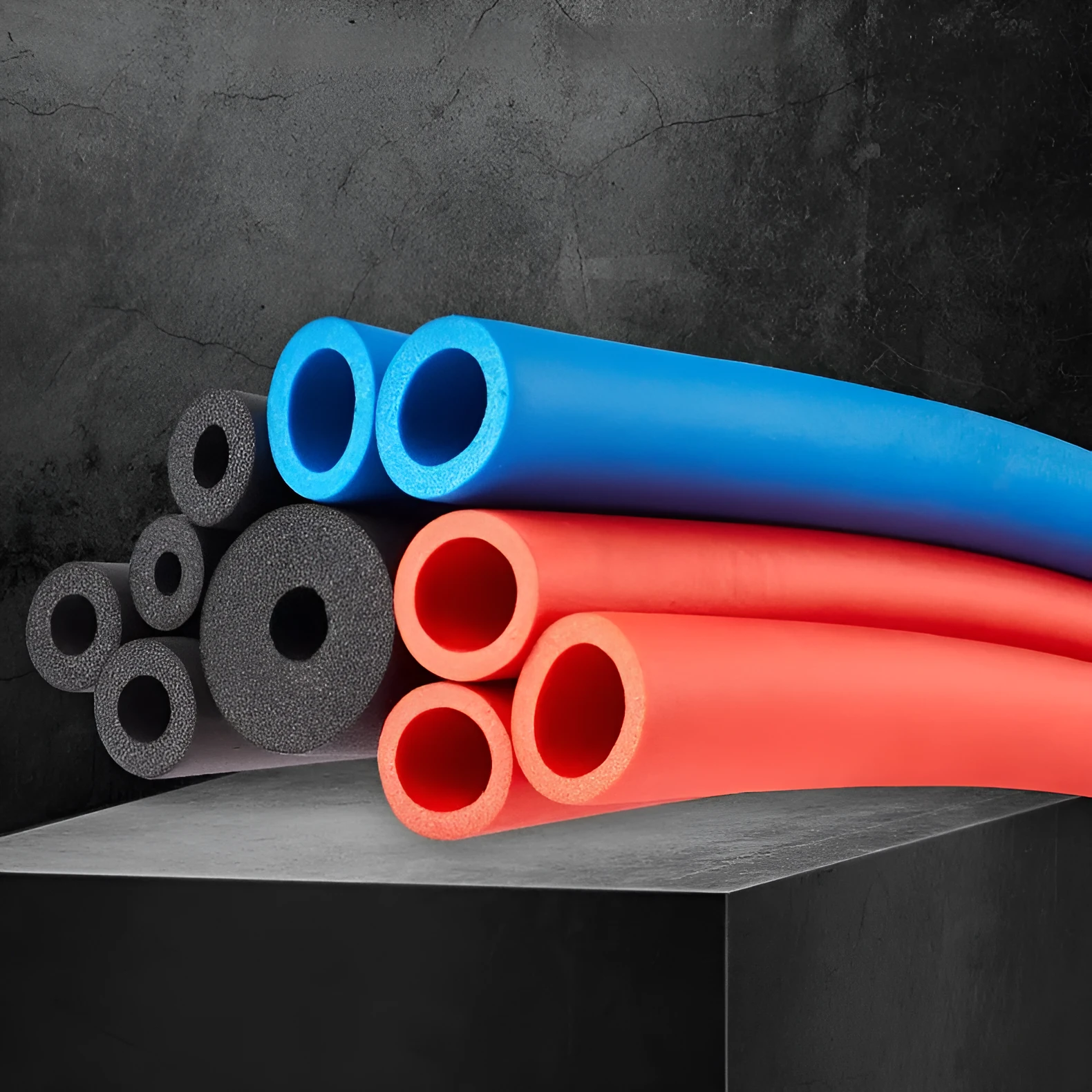 Self-adhesive rubber and plastic pipe insulation tubing in various thicknesses and diameters.