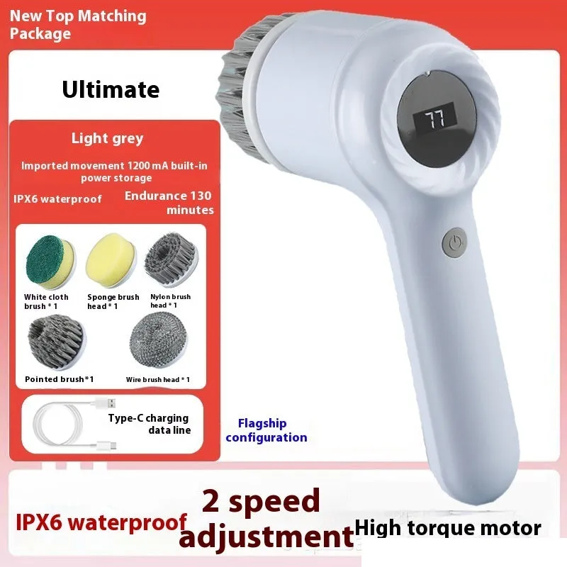Light grey USB rechargeable electric cleaning brush with multiple interchangeable cleaning heads for kitchen use