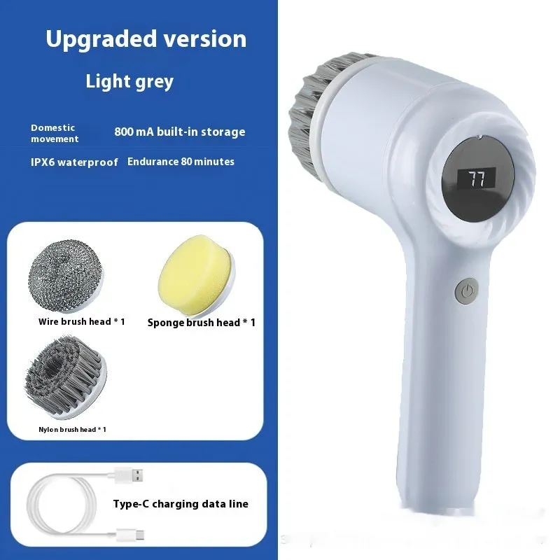 Light grey USB rechargeable electric cleaning brush with multiple interchangeable cleaning heads for kitchen use