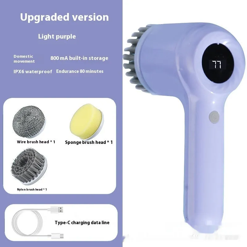 Light grey USB rechargeable electric cleaning brush with multiple interchangeable cleaning heads for kitchen use