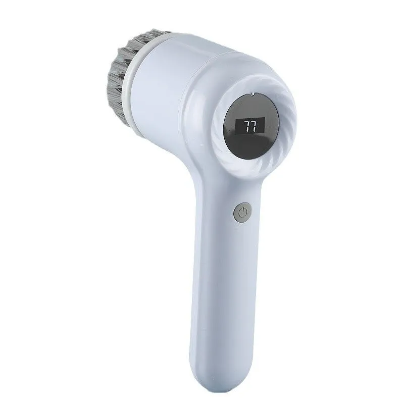 Light grey USB rechargeable electric cleaning brush with multiple interchangeable cleaning heads for kitchen use
