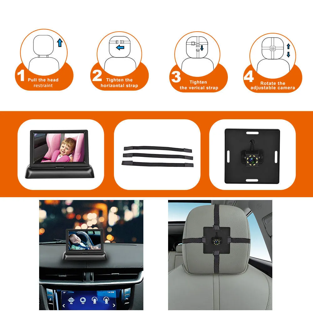 Black 4.3-inch car baby monitor with folding screen and rear view camera on a car dashboard