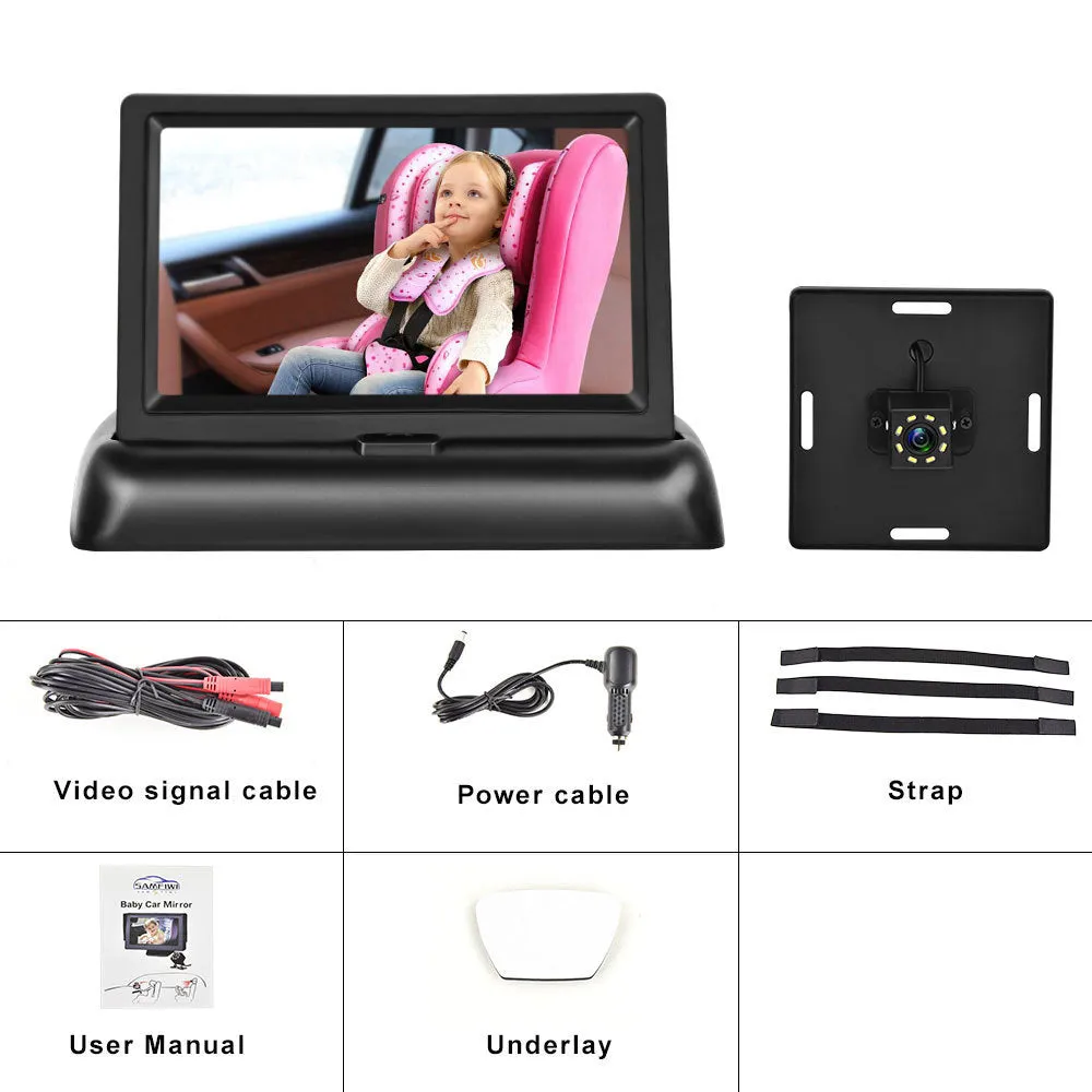 Black 4.3-inch car baby monitor with folding screen and rear view camera on a car dashboard
