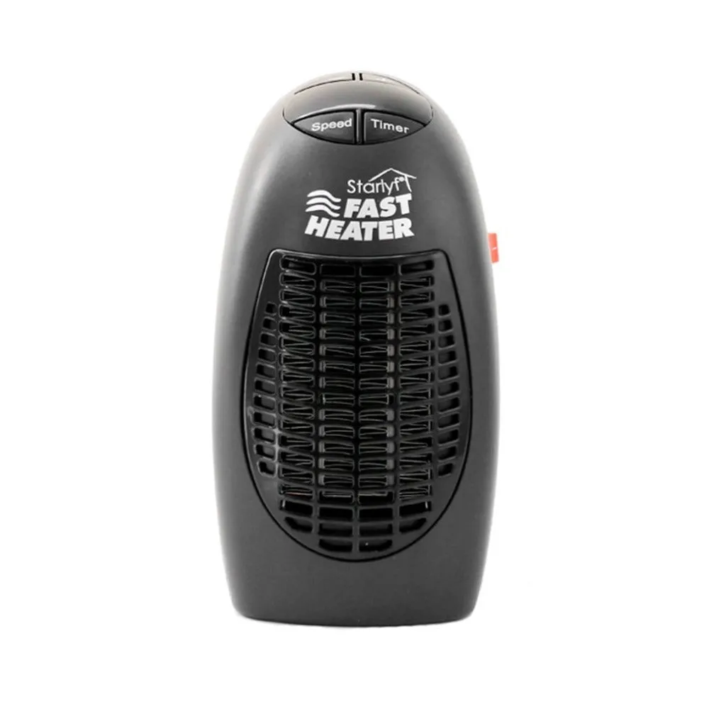 Black compact ceramic mini electric heater with digital display and a rotating three-prong plug.