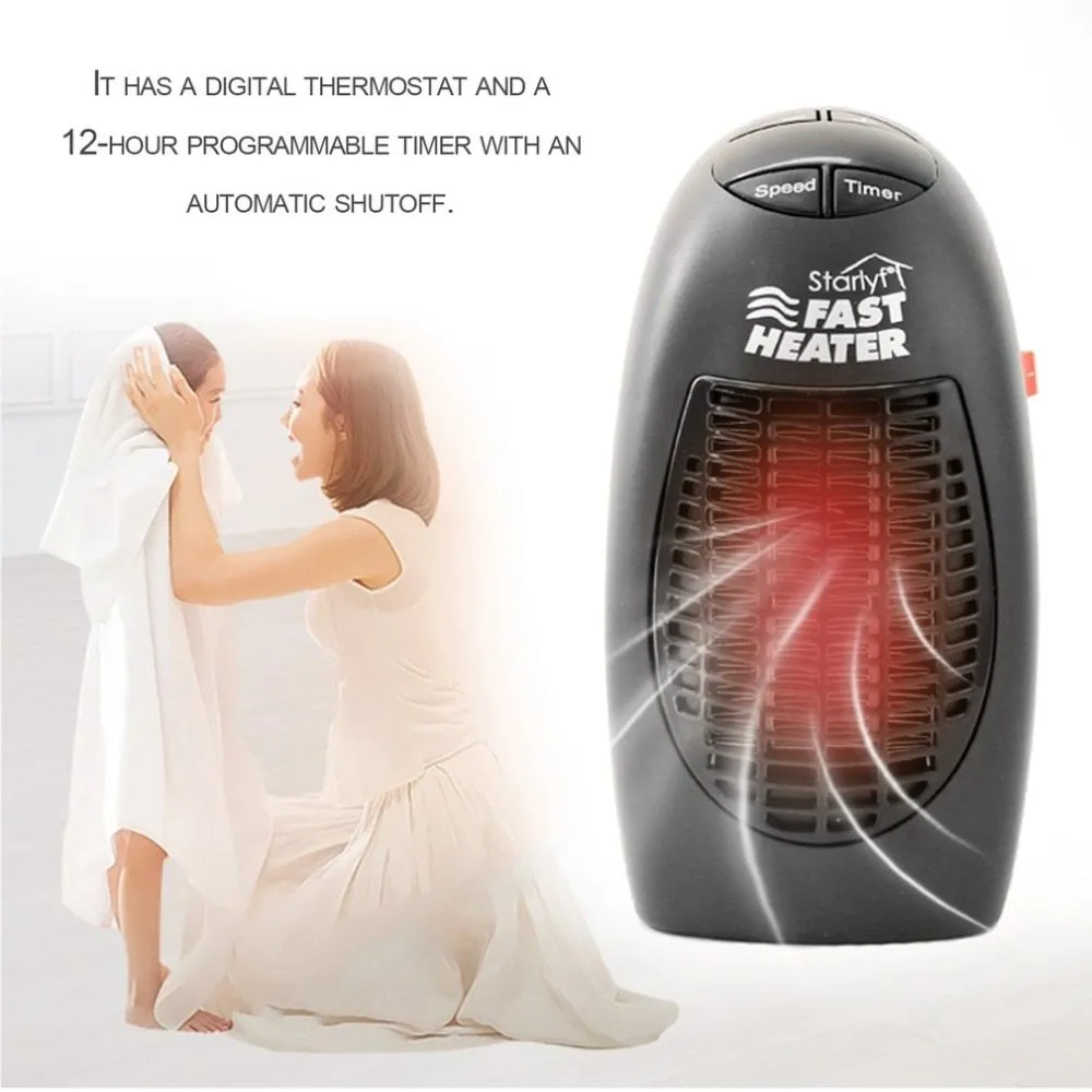 Black compact ceramic mini electric heater with digital display and a rotating three-prong plug.