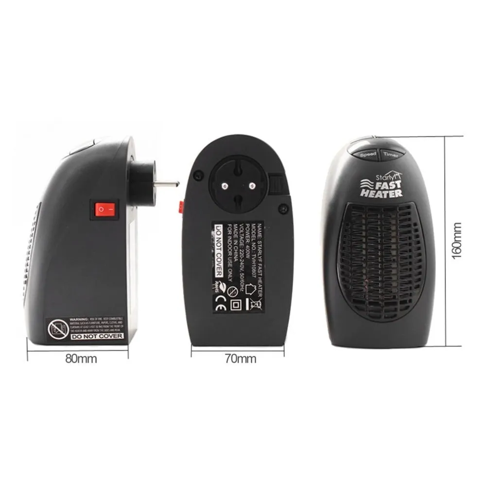 Black compact ceramic mini electric heater with digital display and a rotating three-prong plug.