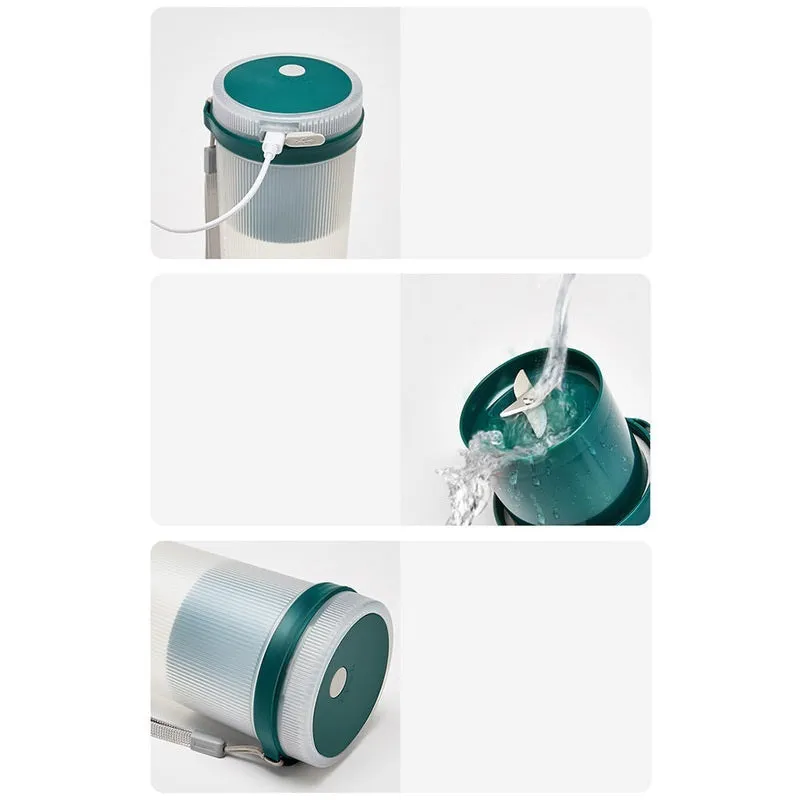 Portable pink and green rechargeable electric juicer cup with USB charging cable.
