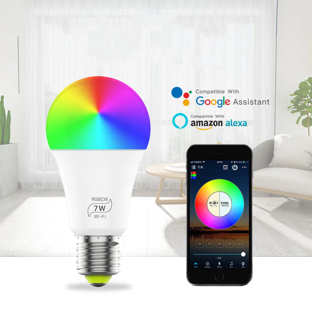 Smart WiFi LED light bulb with E27 screw cap, compatible with Alexa and Google Home voice control