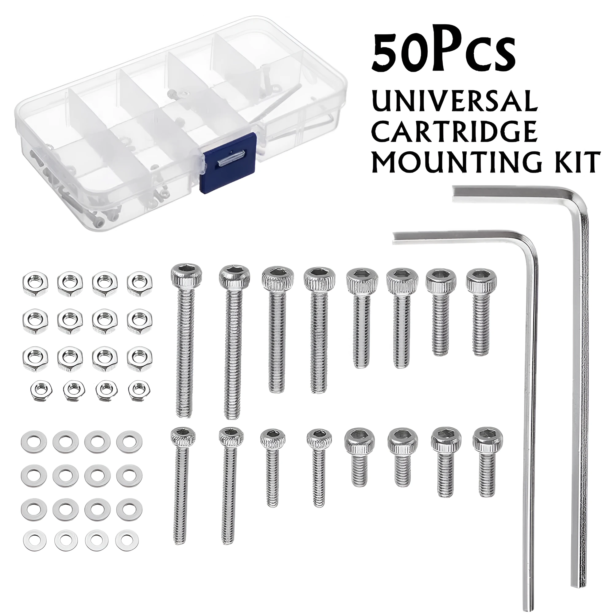 Stainless steel phono cartridge mounting kit with allen bolts, nuts, washers, and two allen keys on a white background.
