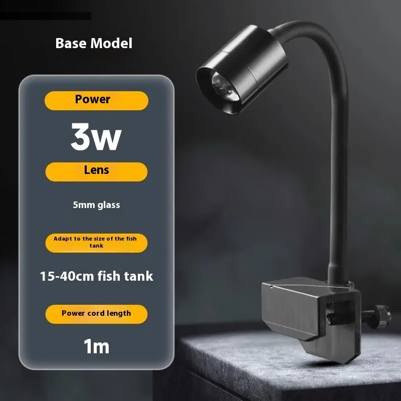 Mini LED aquarium light with clip and base mounting options for 15-40cm fish tanks.