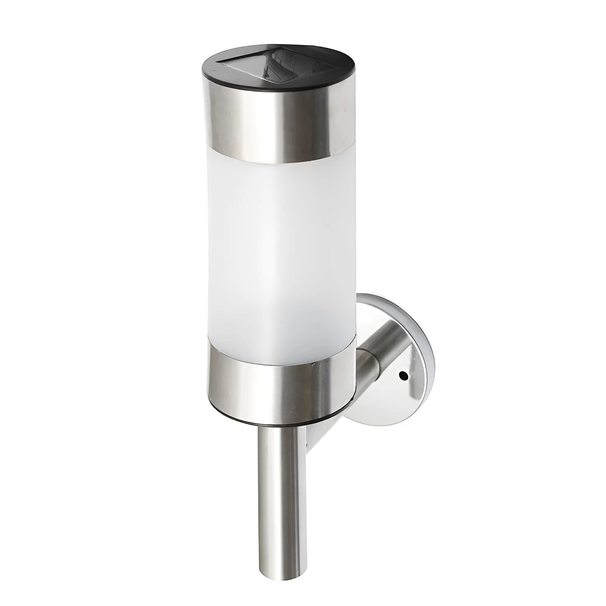 White solar-powered wall light for garden use with plastic and stainless steel construction.