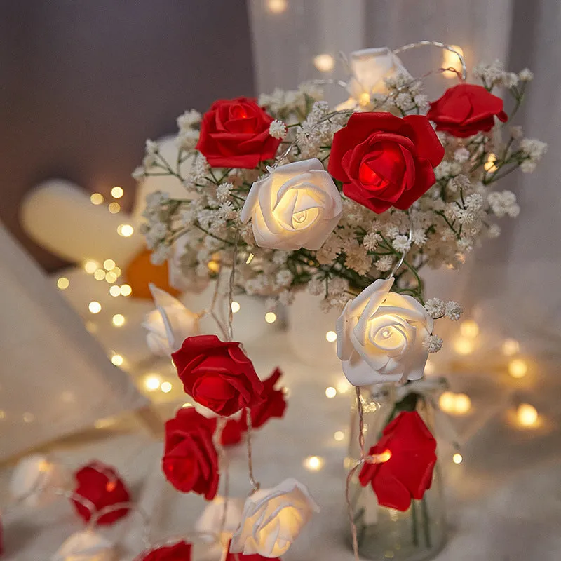 LED rose light string with battery pack and PV foam rose heads in multiple colour options